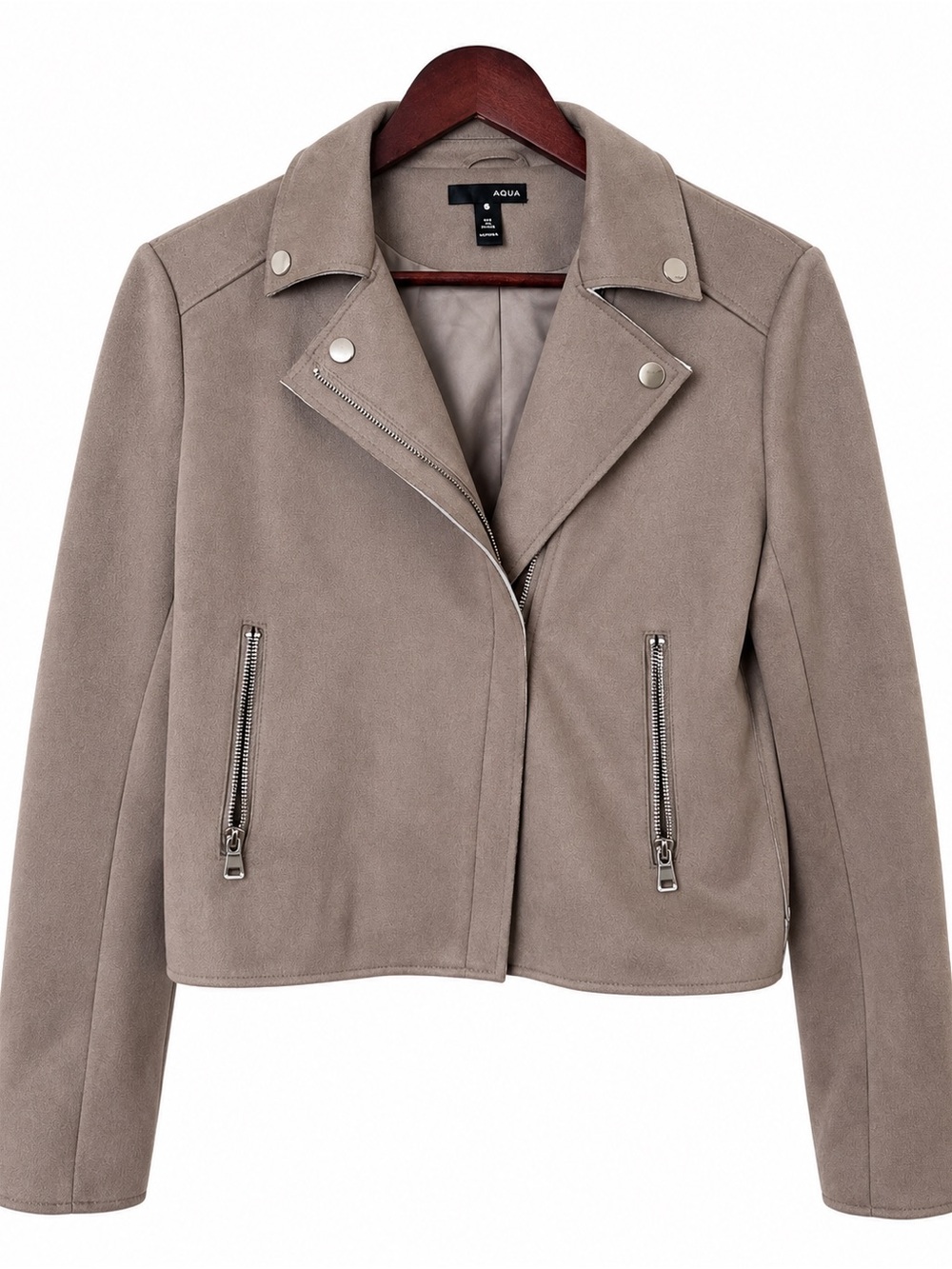 AQUA Taupe Faux Suede Cropped Moto Jacket Silver Zip